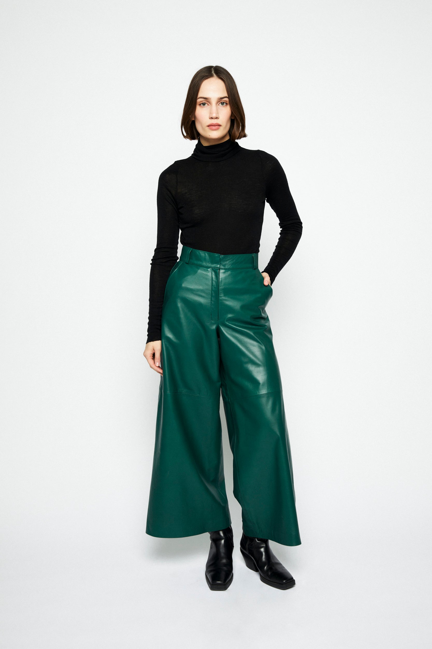 Sugarhill Wide-Leg Leather Pants Forest Green - ONAR